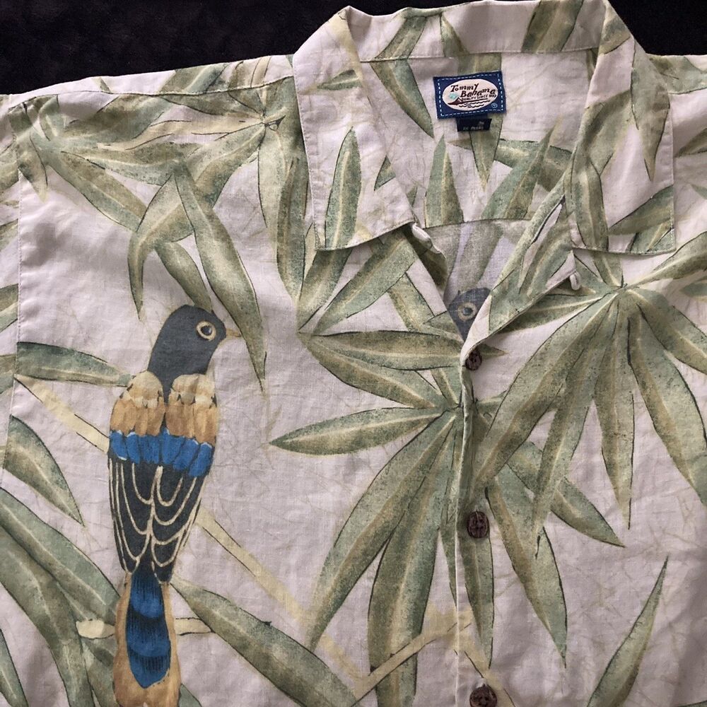 Tommy Bahama XL Linen Hawaiian Camp Shirt Parrot Bird Palm Leaf Tropical Aloha